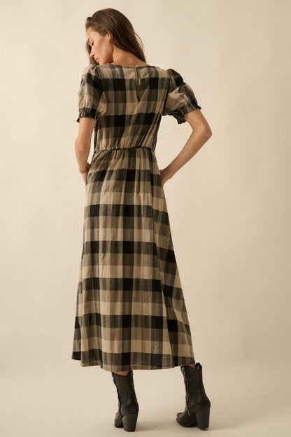 True Country Plaid and Lace Puff-Sleeve Midi Dress