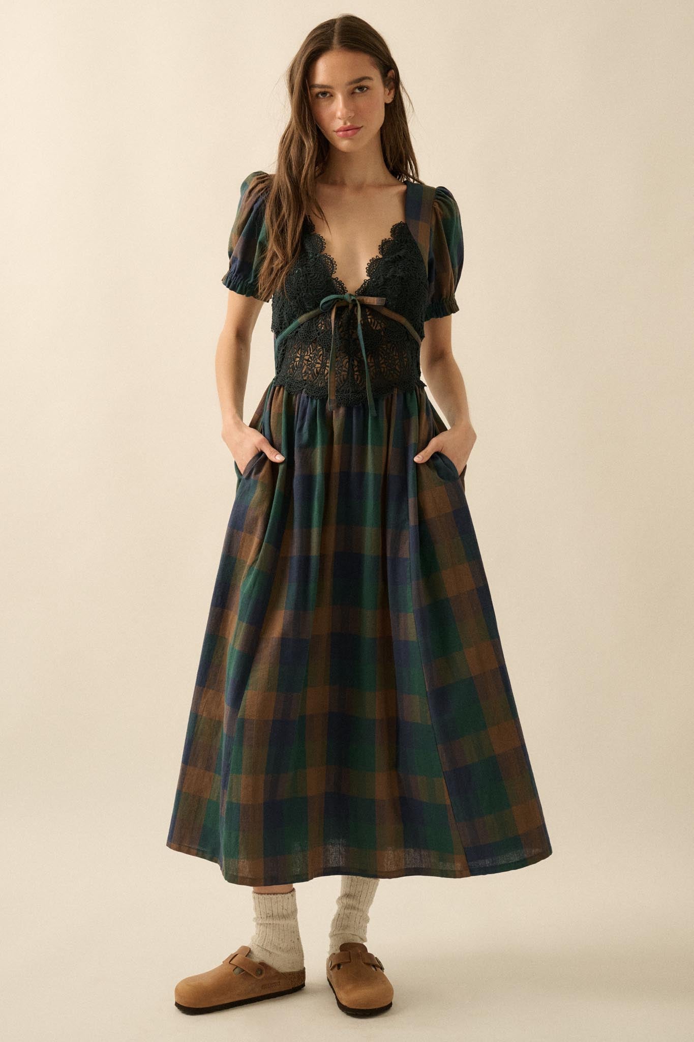 True Country Plaid and Lace Puff-Sleeve Midi Dress