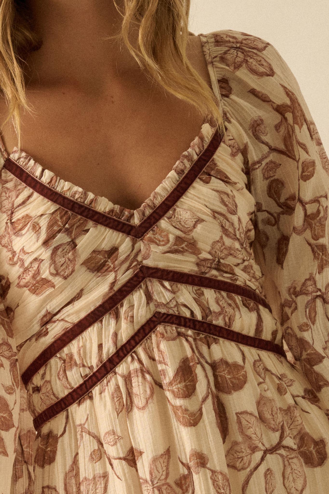 Beautiful Roots Floral Velvet-Trim Maxi Dress