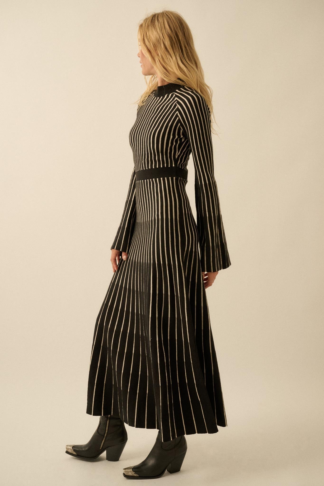 Style Lines Striped Bell-Sleeve Maxi Sweater Dress