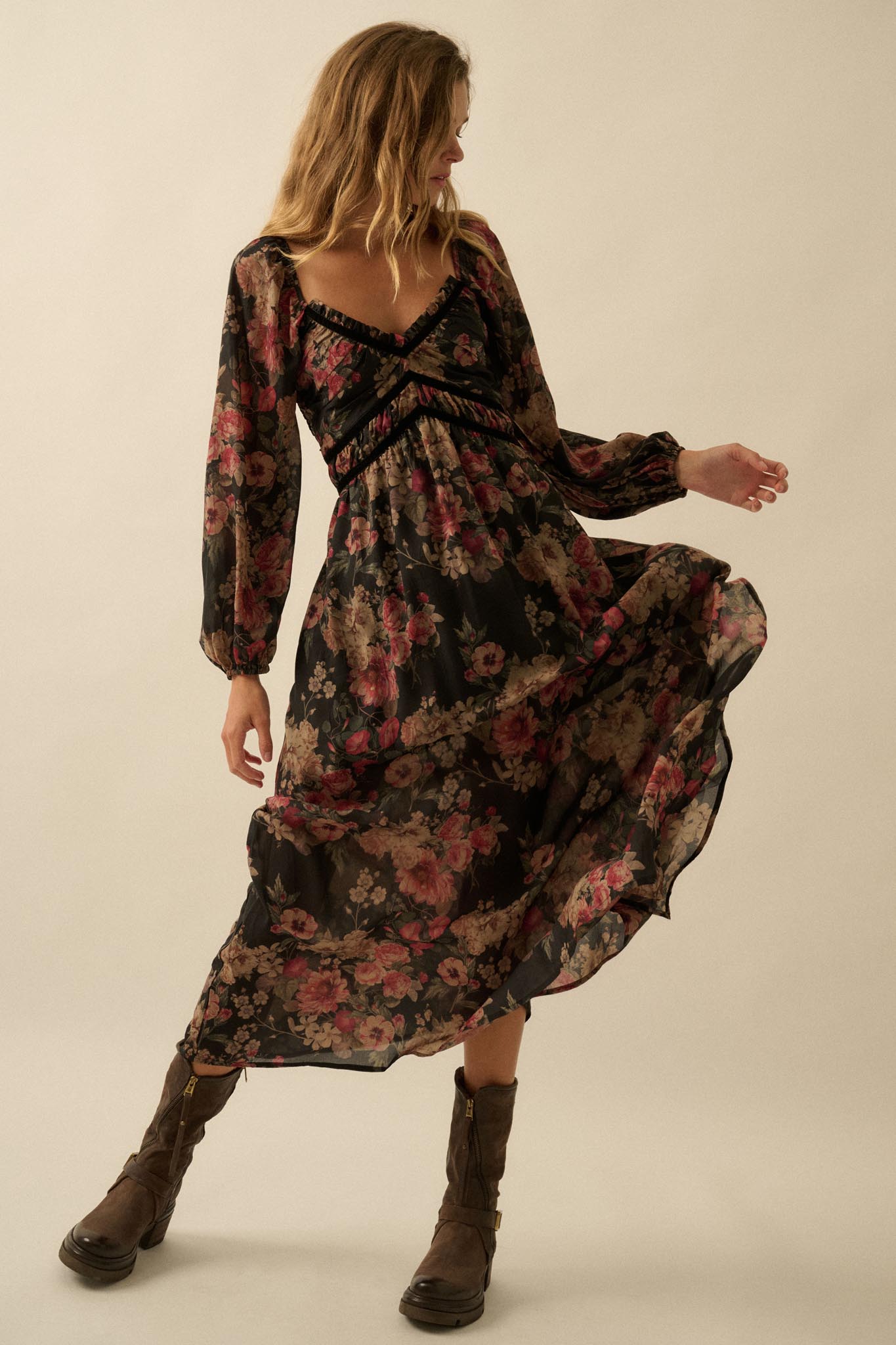 Wildflower Glen Floral Velvet-Trim Maxi Dress