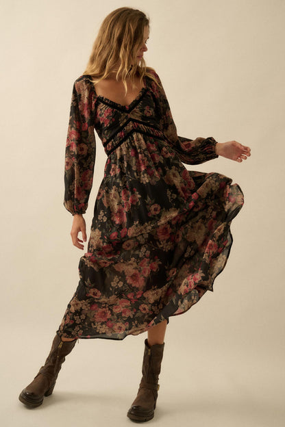 Wildflower Glen Floral Velvet-Trim Maxi Dress