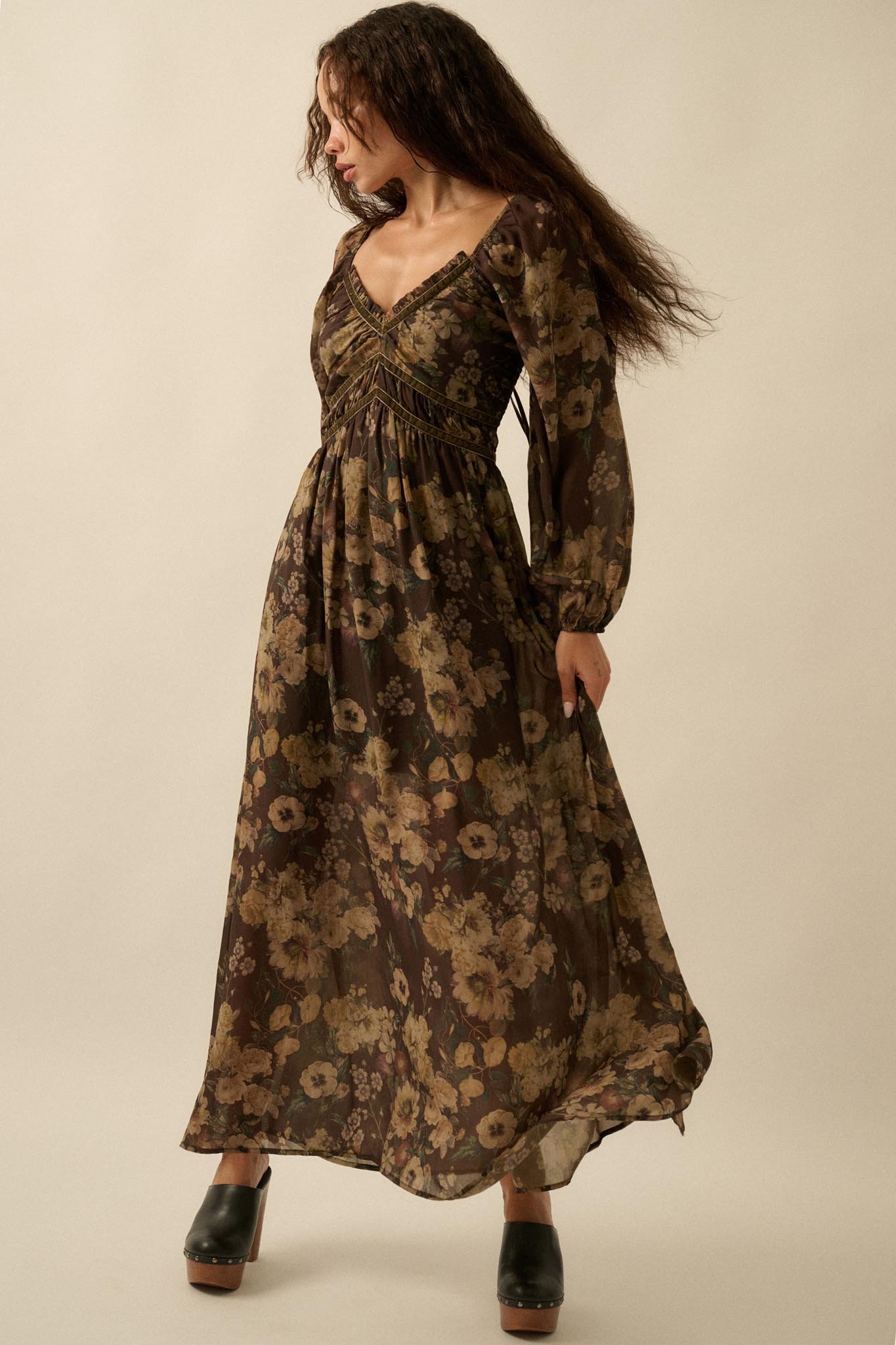Wildflower Glen Floral Velvet-Trim Maxi Dress