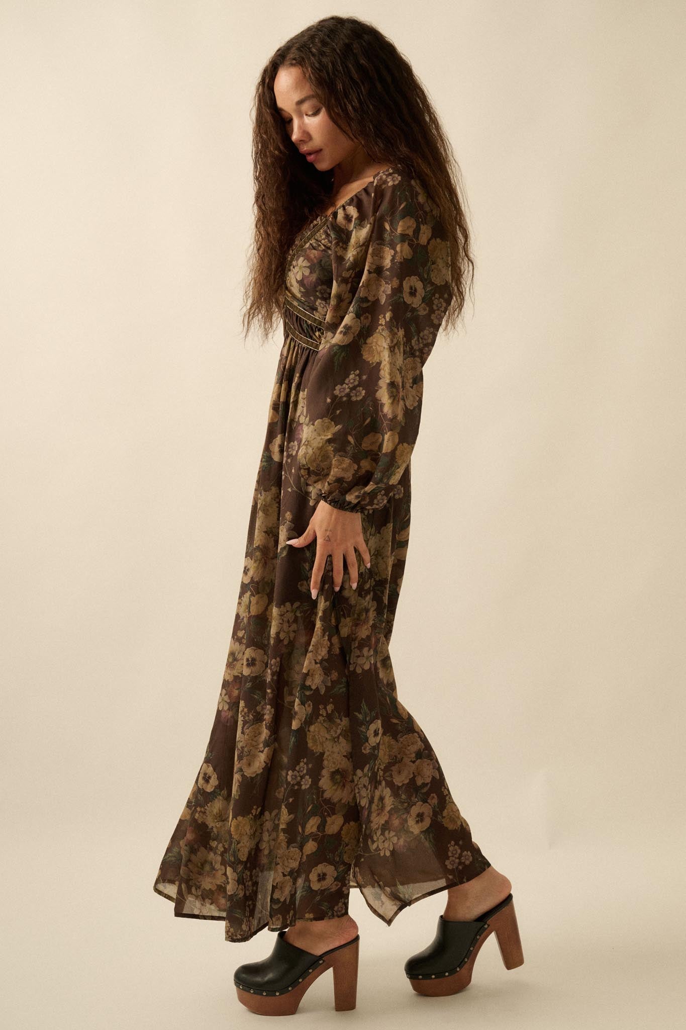 Wildflower Glen Floral Velvet-Trim Maxi Dress
