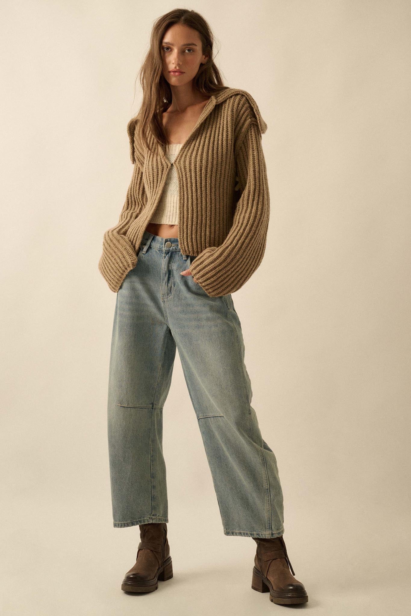 Stitch in Time Stitch-Detail Flap-Collar Cardigan
