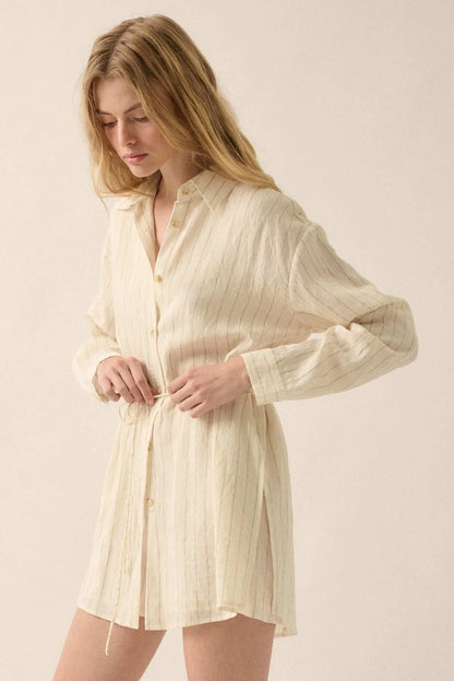 Line Item Pinstripe Belted Button-Up Shirt Romper