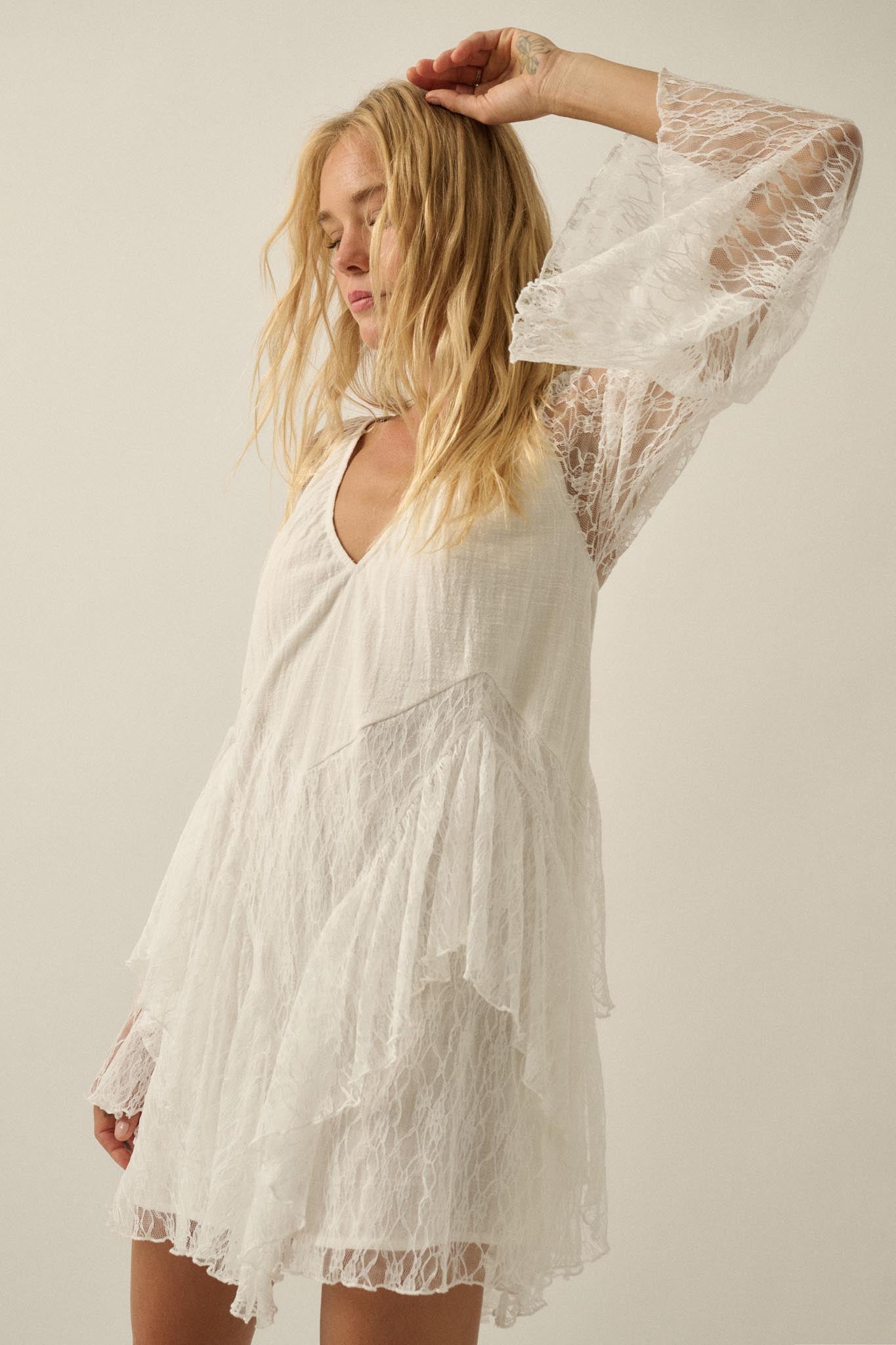 Morning Whisper Ruffled Lace Bell-Sleeve Romper
