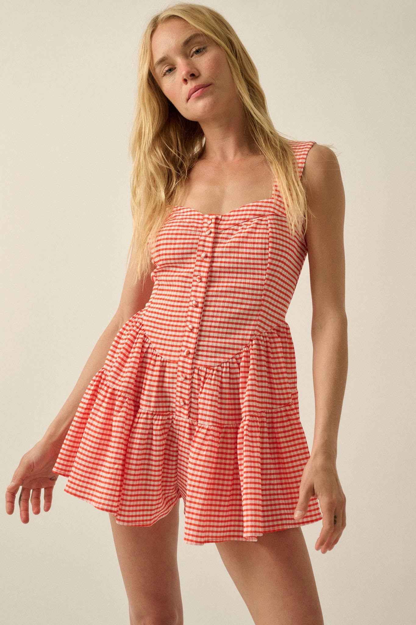 Sugar High Gingham Tiered Ruffle Sweetheart Romper