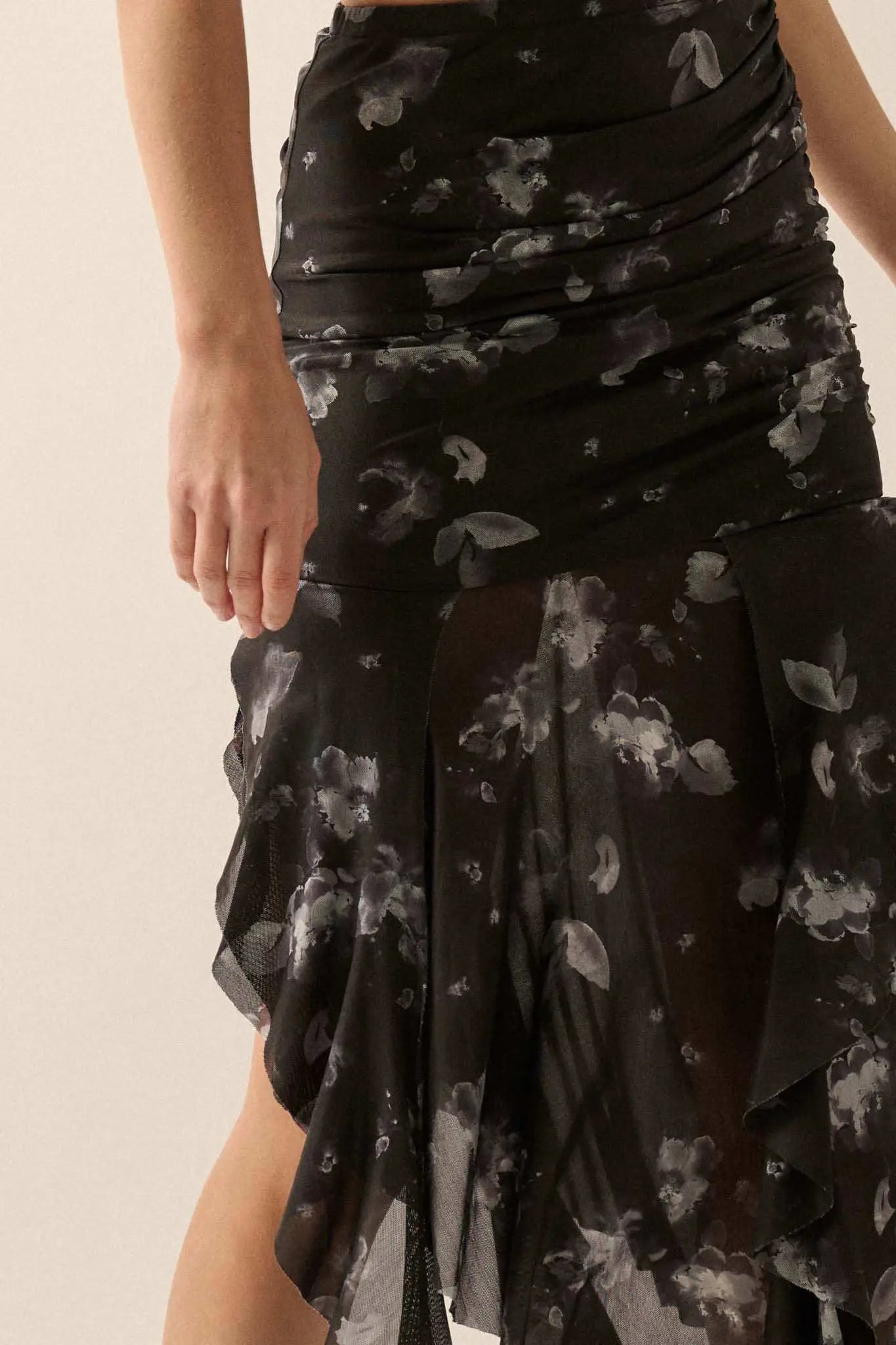 Blooming Shadows Floral Mesh Drop-Waist Midi Skirt
