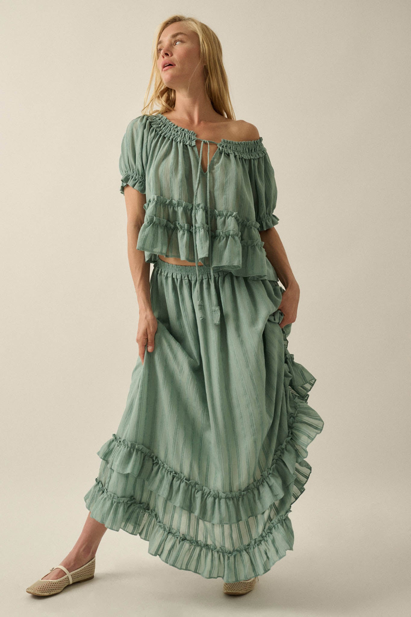 Pretty Precious Tonal-Stripe Ruffle Maxi Skirt