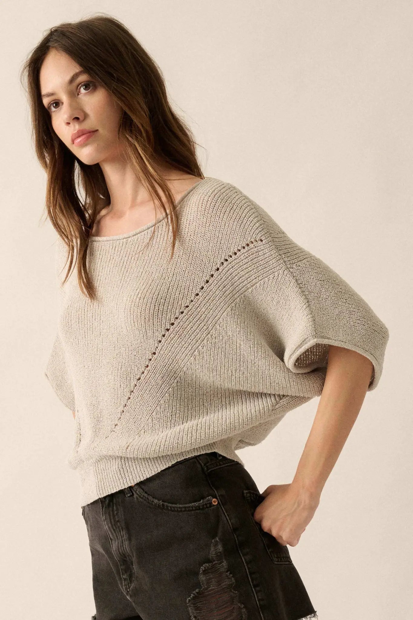 True Self Short-Sleeve Pointelle Rib-Knit Sweater