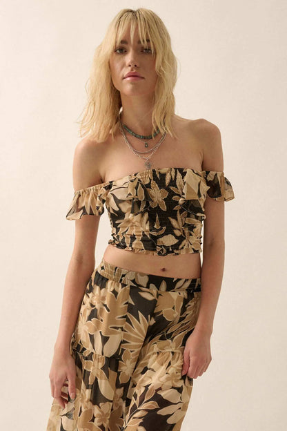Exotic Tropics Floral Off-Shoulder Ruffle Crop Top