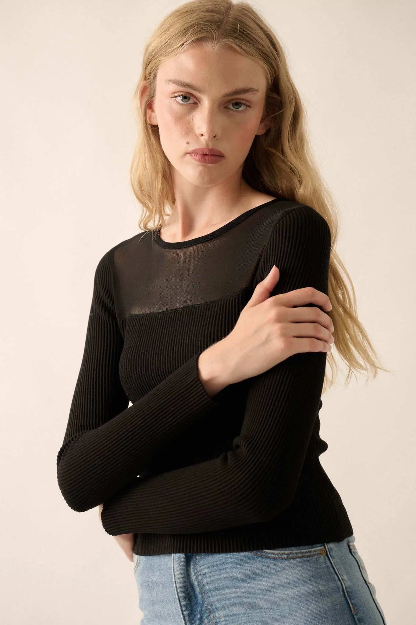 Shaper Fit Mesh Yoke Ribbed Knit Top