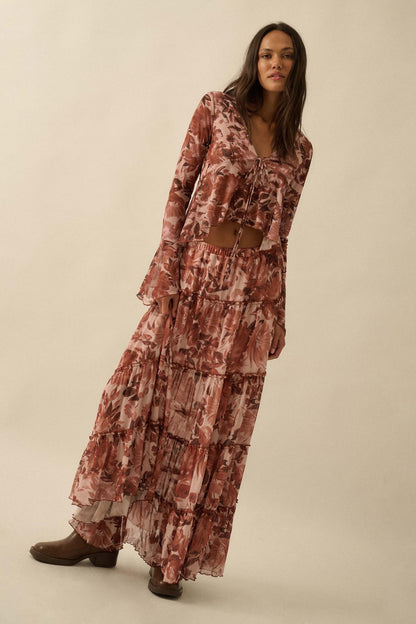 Sublime Blooms Floral Mesh Tied Bell-Sleeve Top