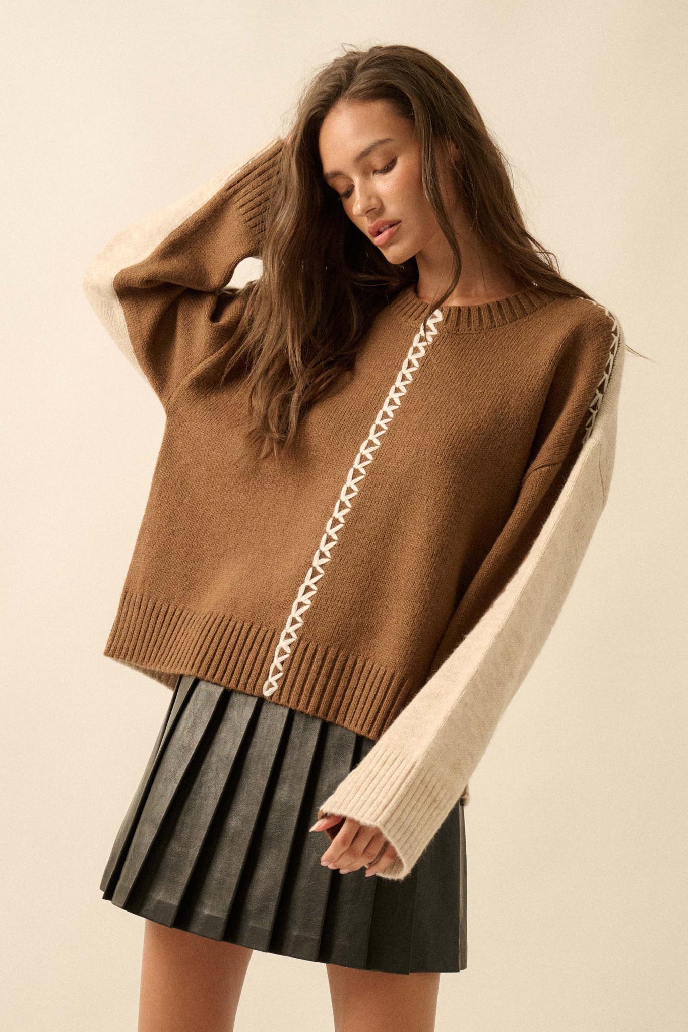 Look Twice Colorblock Stitch-Detail Sweater