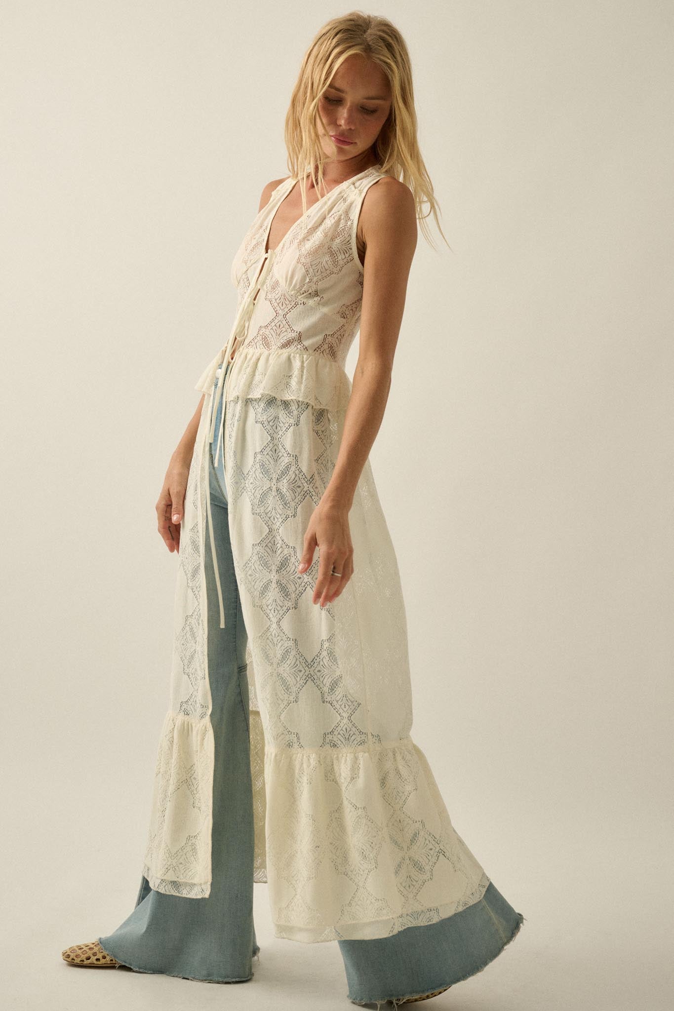 Fly Me Away Sheer Lace Tie-Front Maxi Top