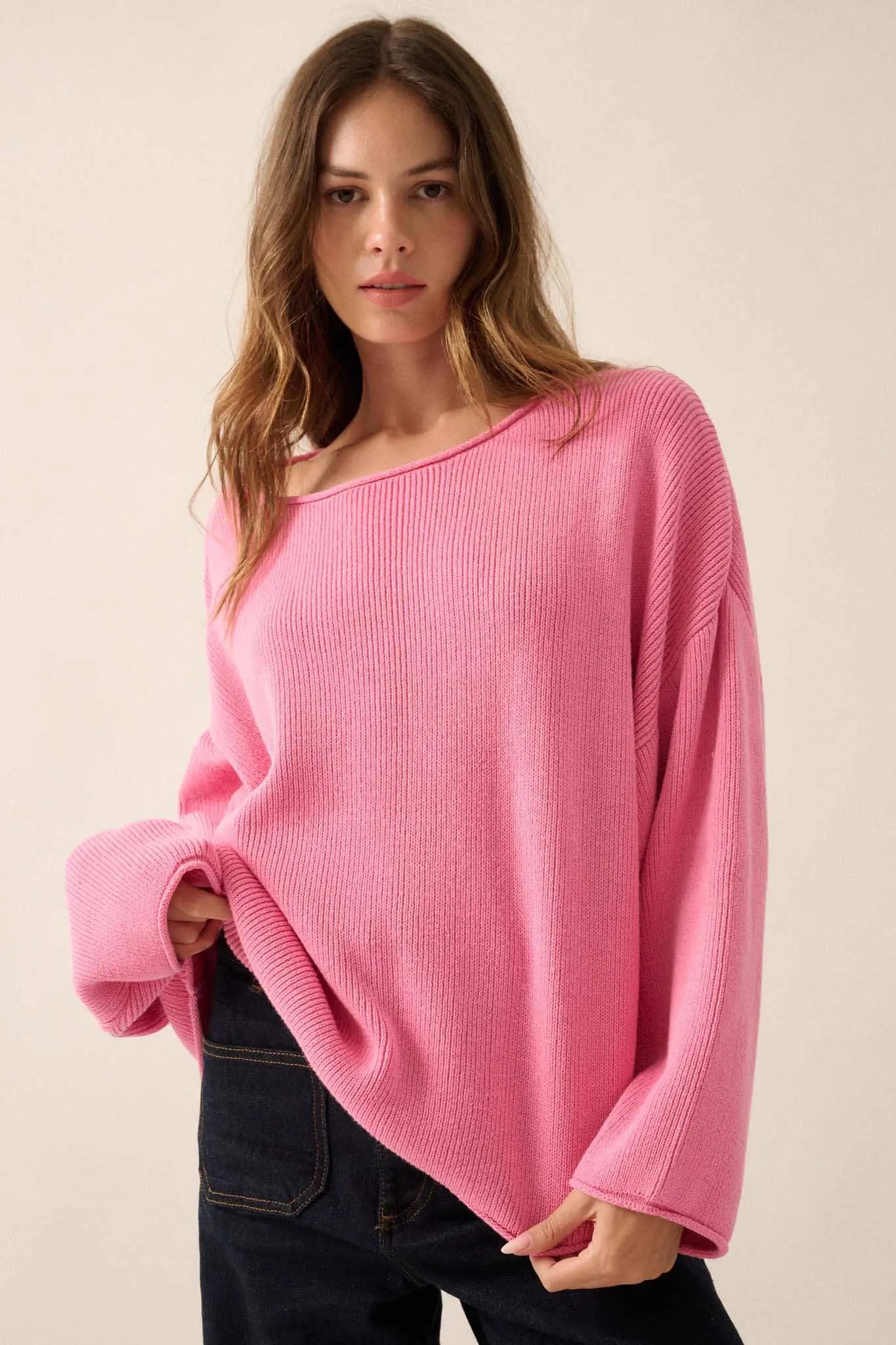 Chill Vibes Rolled-Edge Ribbed Knit Sweater