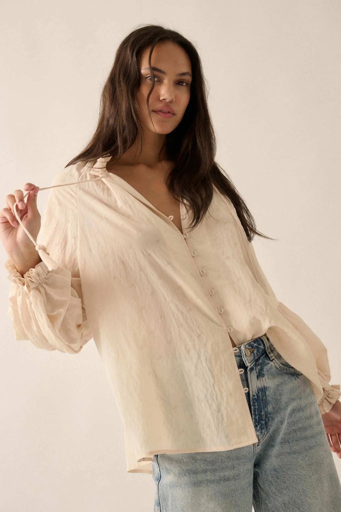 Poetic Soul Buttoned Jacquard Tie-Neck Peasant Top