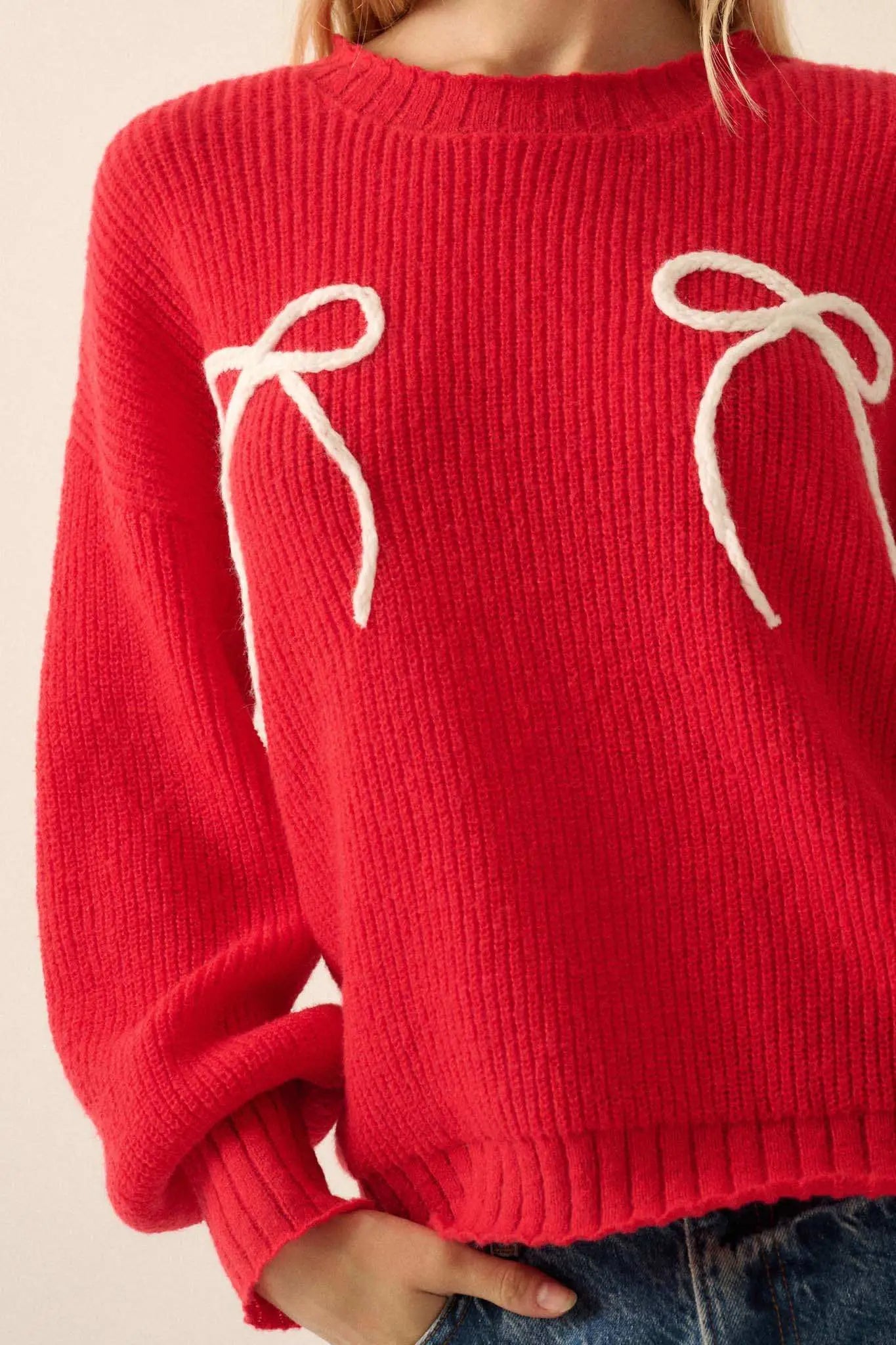 Tied and True Ribbed Knit Yarn Bow Sweater
