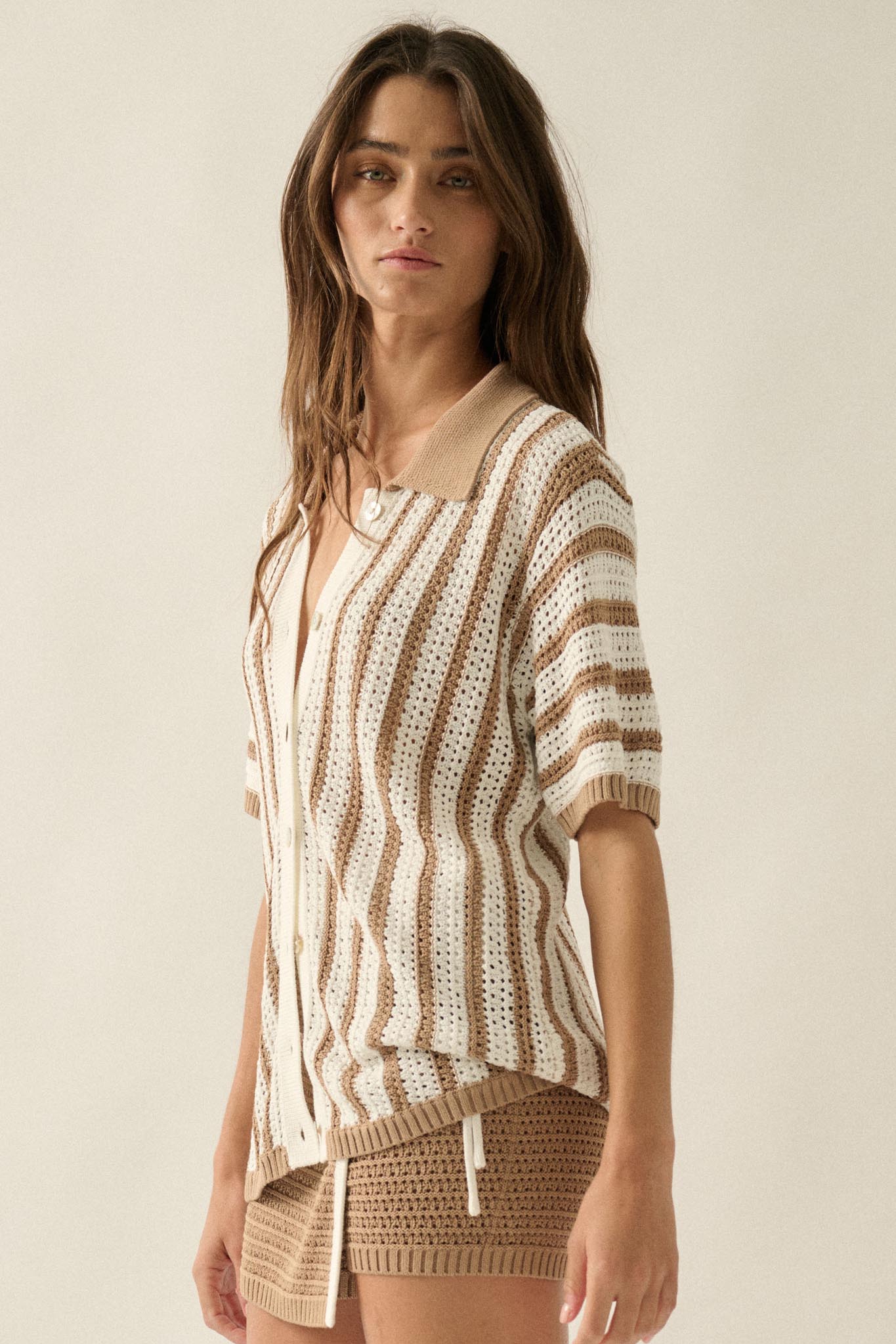 Day in the Sun Striped Crochet-Knit Camp Shirt