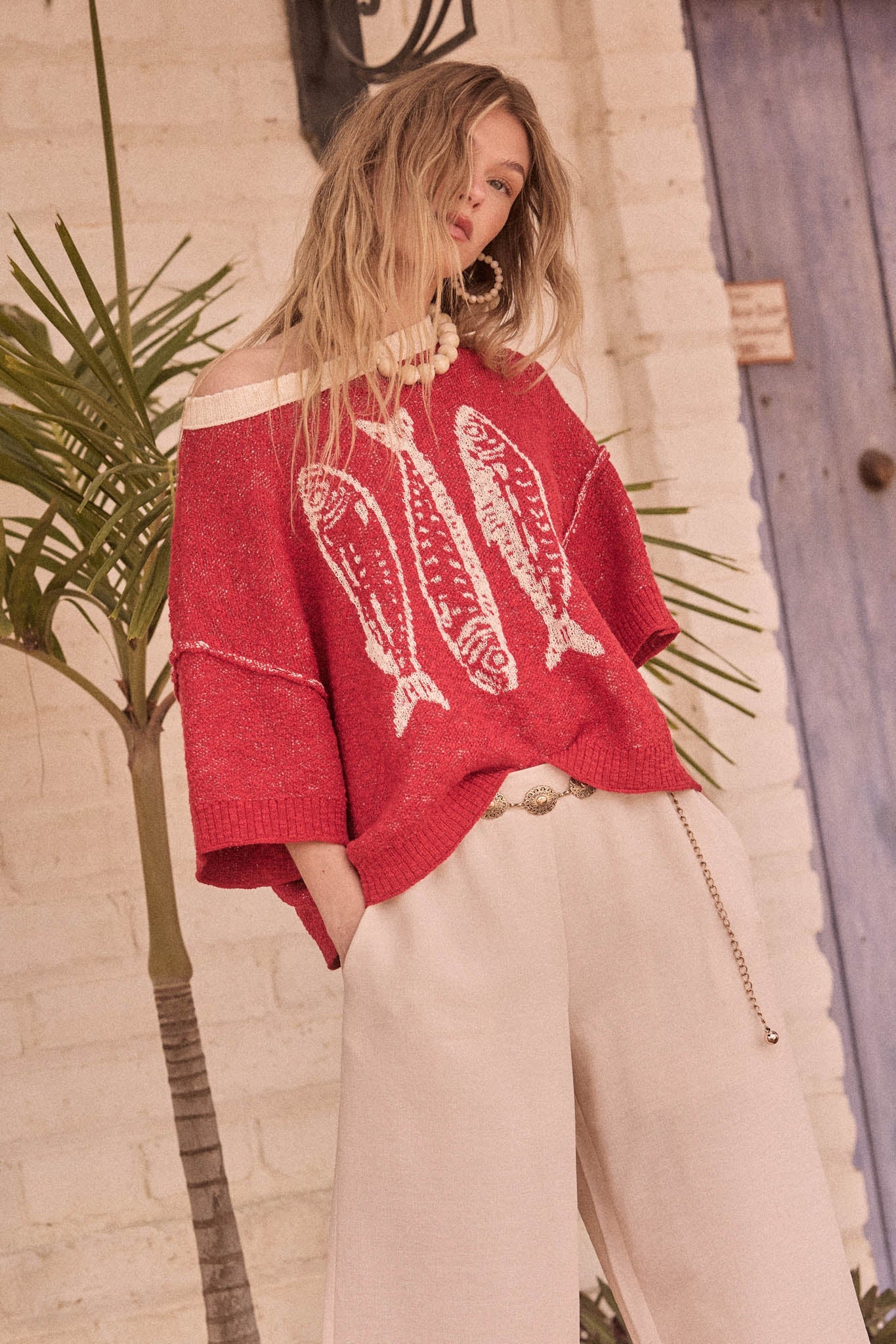 Plenty of Fish Jacquard-Knit Short-Sleeve Sweater