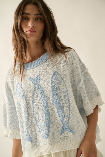 Plenty of Fish Jacquard-Knit Short-Sleeve Sweater