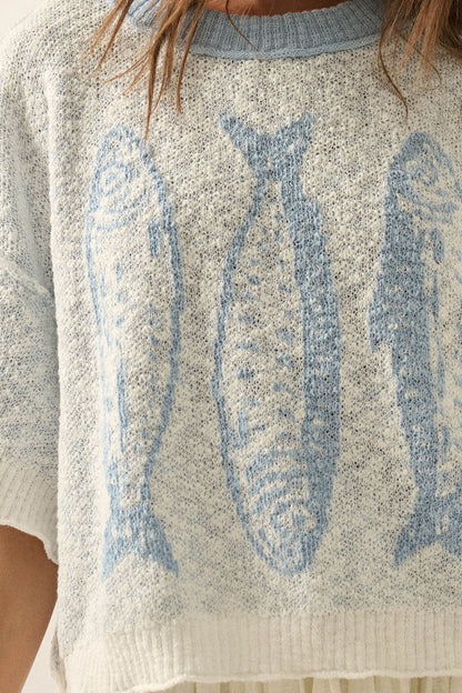 Plenty of Fish Jacquard-Knit Short-Sleeve Sweater