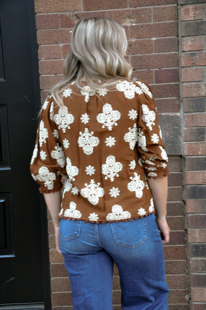 Walnut Puff Printed V-neck Blouse