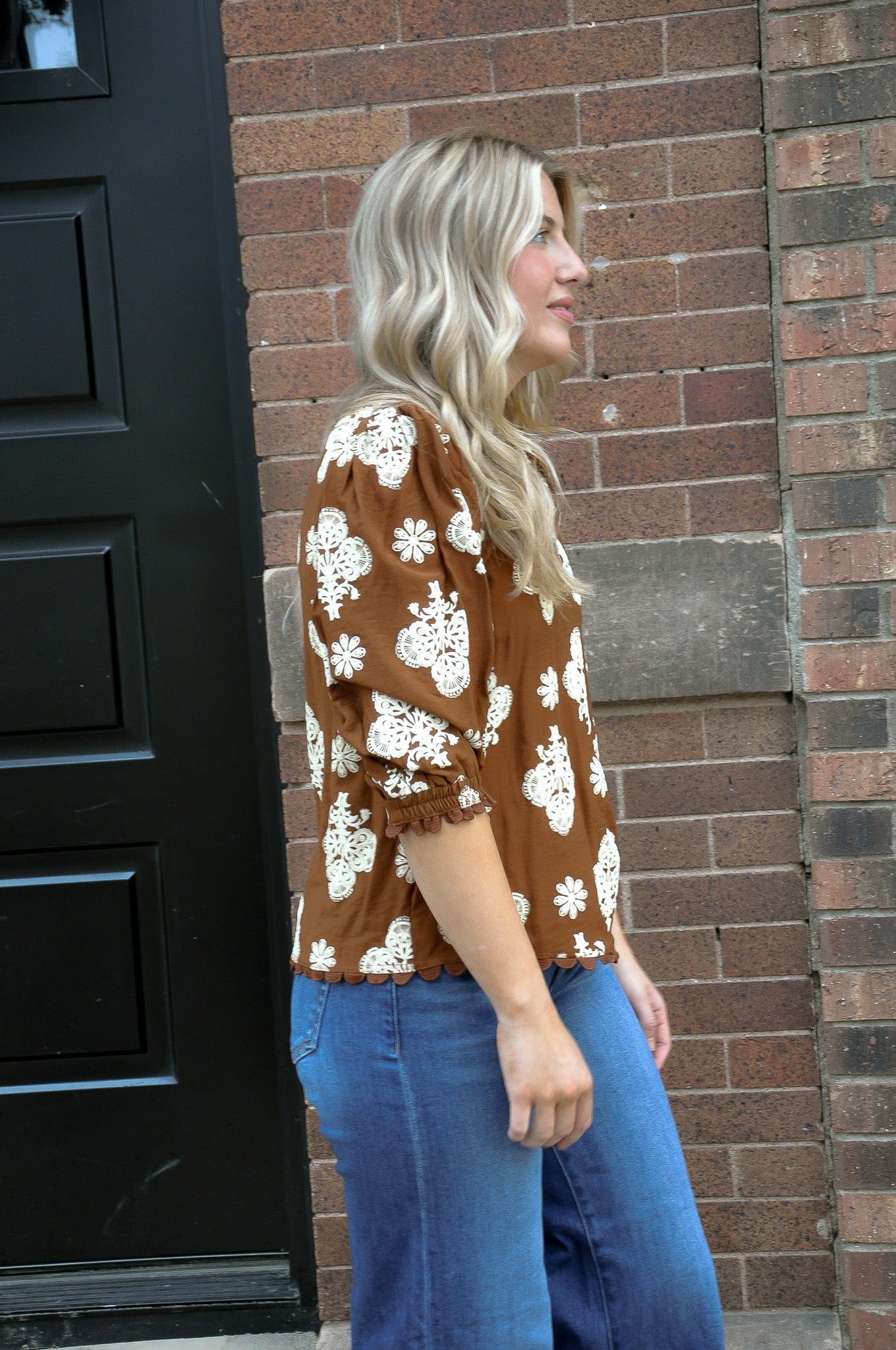 Walnut Puff Printed V-neck Blouse