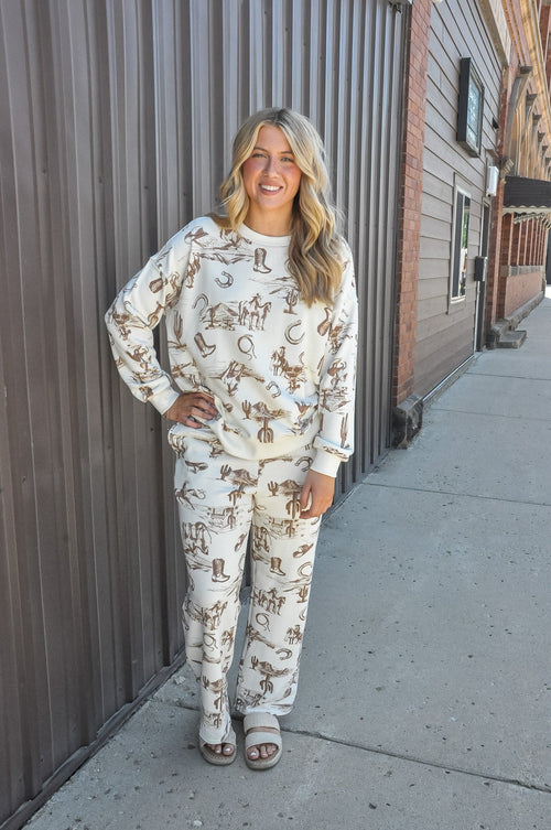 Western Print Crew Neck LS Knit Set