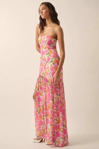 Bright Buds Strapless Floral Drop-Waist Maxi Dress