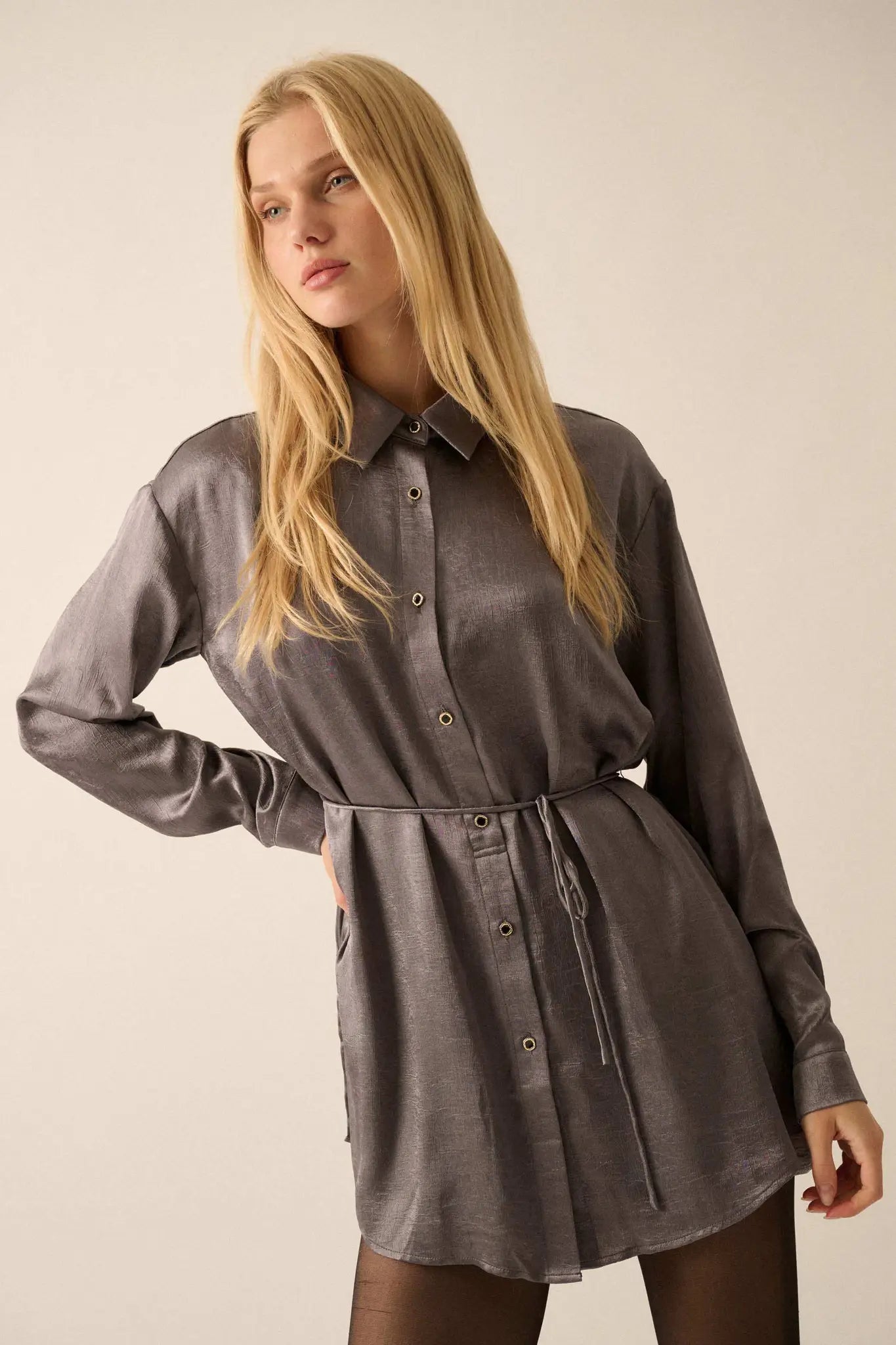 Luxe Aesthetic Textured Satin Belted Shirt Romper