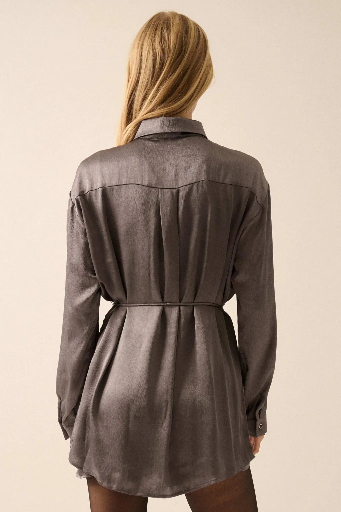 Luxe Aesthetic Textured Satin Belted Shirt Romper