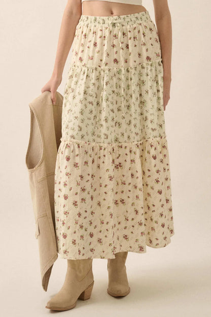 Sunny Meadow Floral Gauze Tiered Ruffle Maxi Skirt