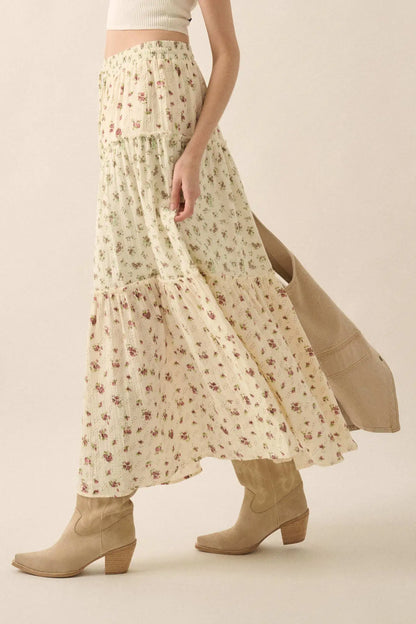 Sunny Meadow Floral Gauze Tiered Ruffle Maxi Skirt