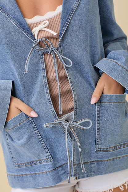 Lapel Collar Denim Jacket W/Front Tie Detail