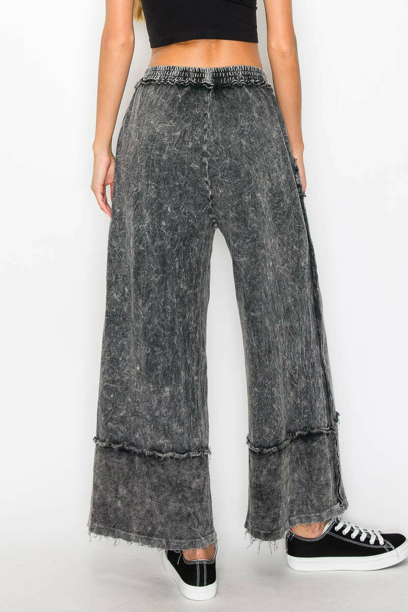J.HER Mineral Wash Wide Pants with Raw Hem Frayed Details