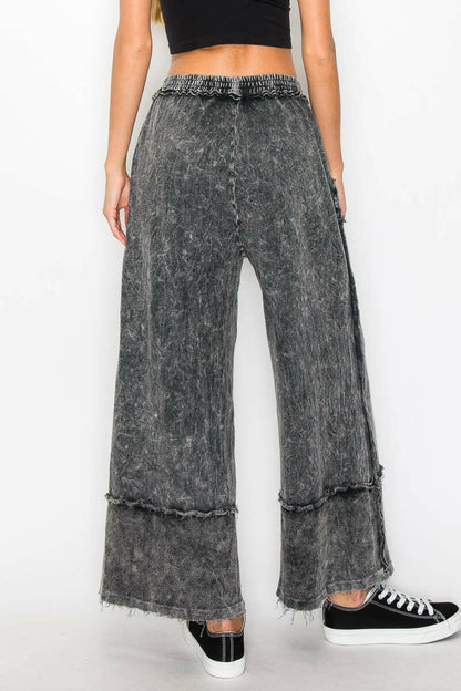 J.HER Mineral Wash Wide Pants with Raw Hem Frayed Details