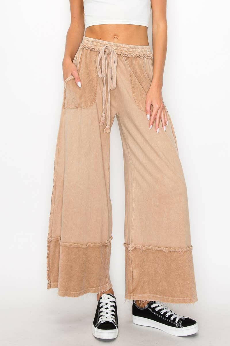 J.HER Mineral Wash Wide Pants with Raw Hem Frayed Details
