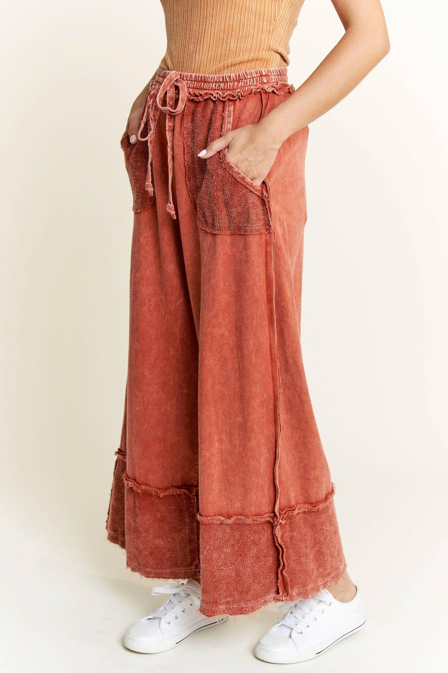 J.HER Mineral Wash Wide Pants with Raw Hem Frayed Details