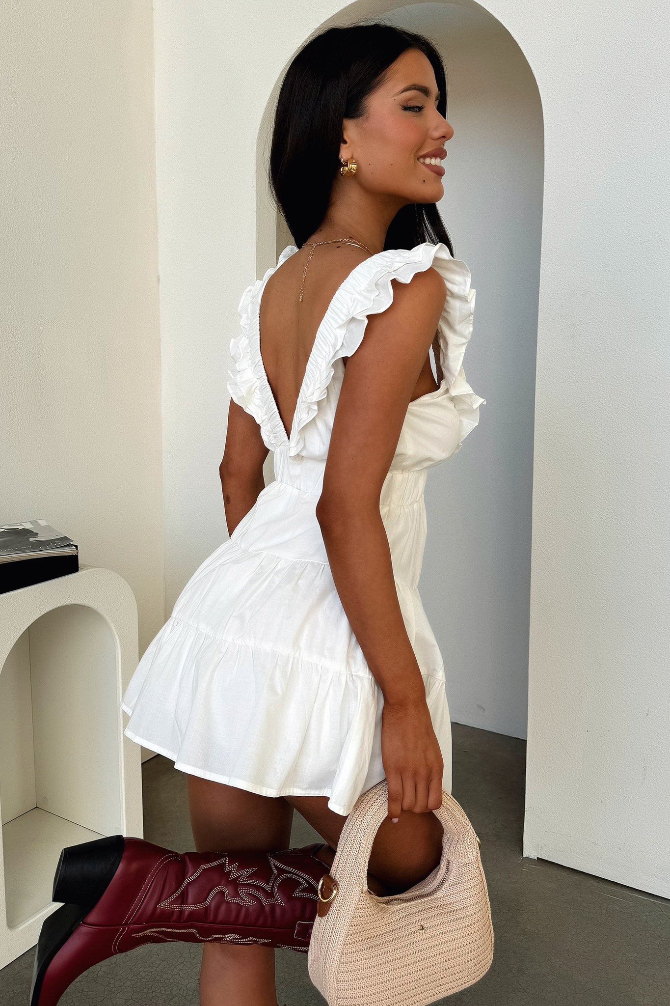 Shaylee Frill V-Neck Mini Dress - White